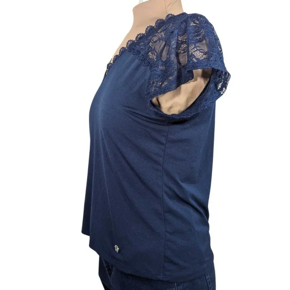 Adrienne Vittadini Large Navy Blue Short Sleeve Stretch Lace Shoulder Shirt